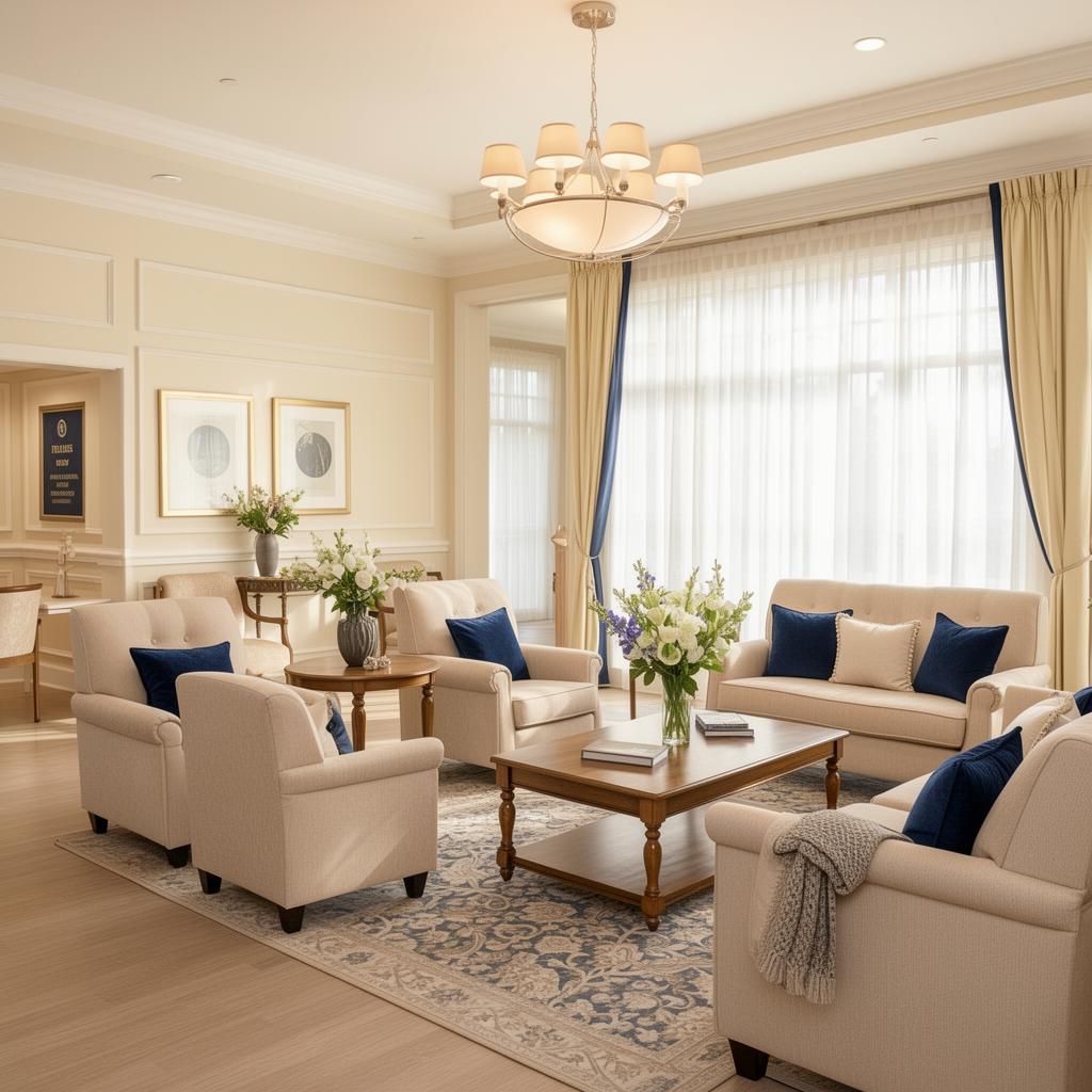 Elegant assisted living common room with ivory walls and navy accents