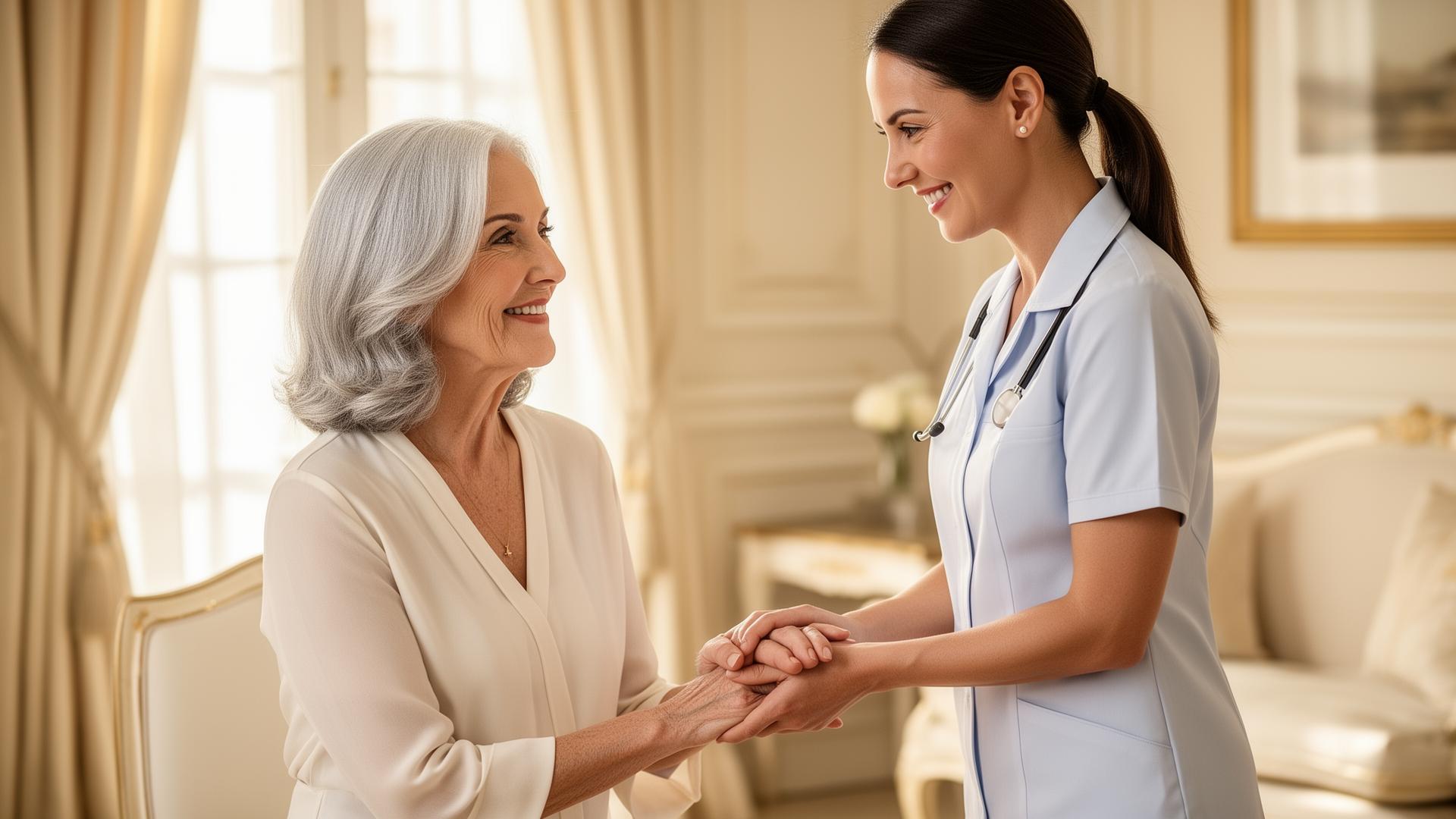 A caregiver gently holding the hand of an elegant senior woman in a sunlit interior